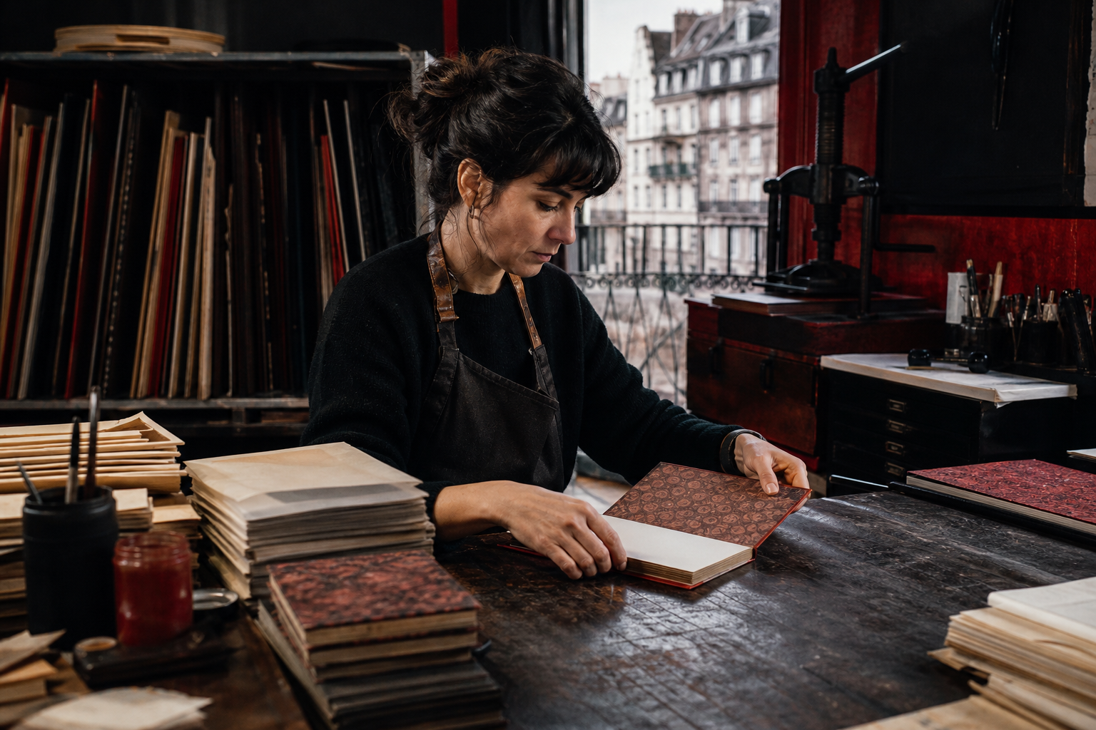 Relieuse dans son atelier à Strasbourg