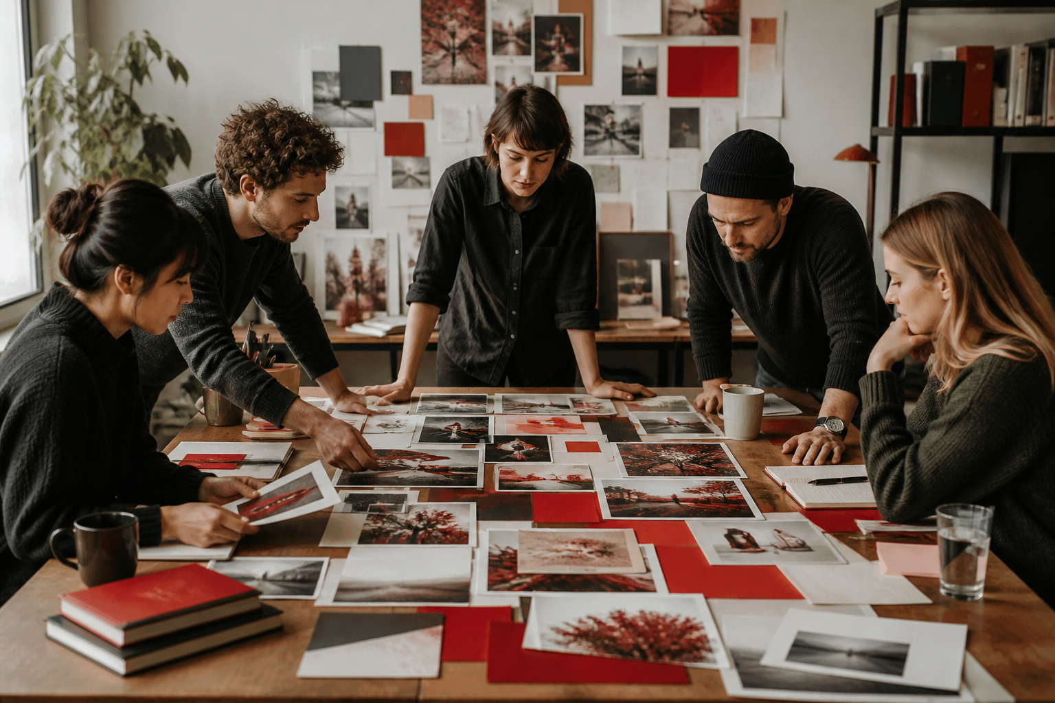 Équipe éditoriale autour de tirages photographiques