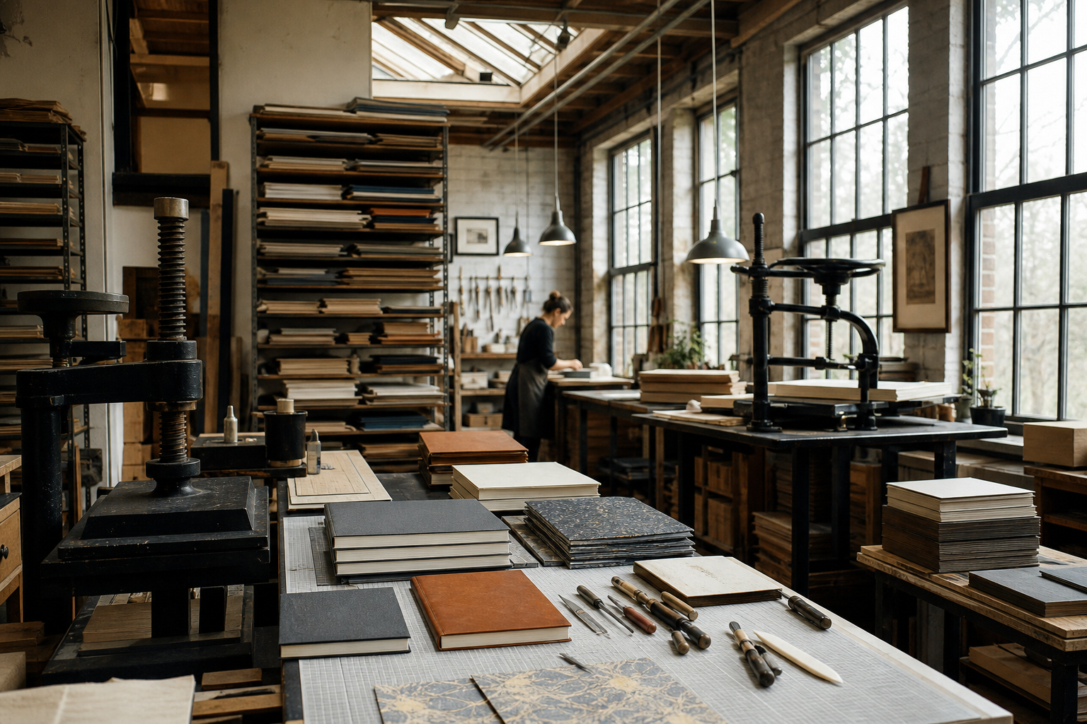 Vue générale d'un atelier de reliure